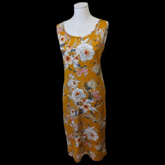 Womens Yellow Cottagecore Maxi Dress White Floral Sleeveless Summer Bodycon Sz L - Picture 2 of 9